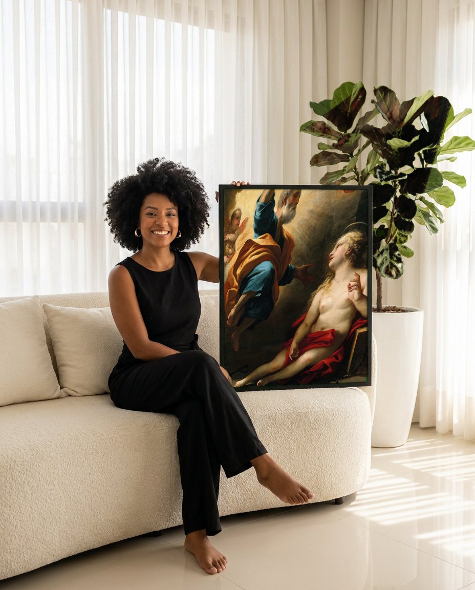 Quadro Decorativo A Libertação de São Pedro - Luca Giordano com modelo em ambiente