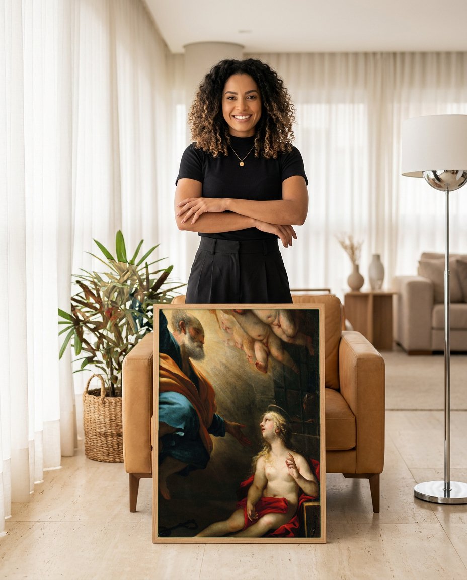 Quadro Decorativo A Libertação de São Pedro - Luca Giordano com modelo em ambiente