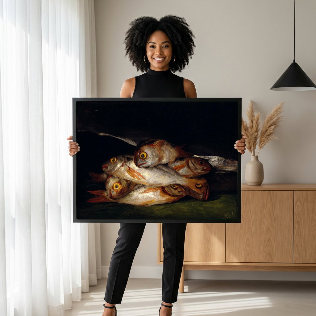 Quadro Decorativo 'Natureza-morta com Peixes' - Goya com modelo em ambiente