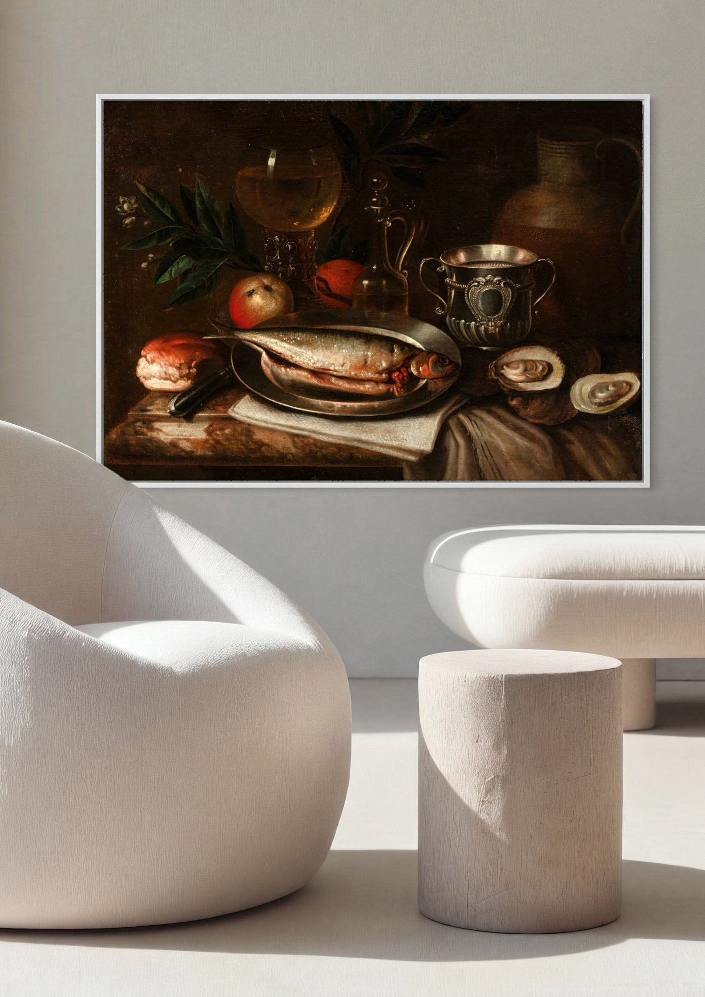 Quadro Decorativo Natureza Morta com Peixe e Ostras - Jan Abrahamsz Beerstraaten em ambiente decorado
