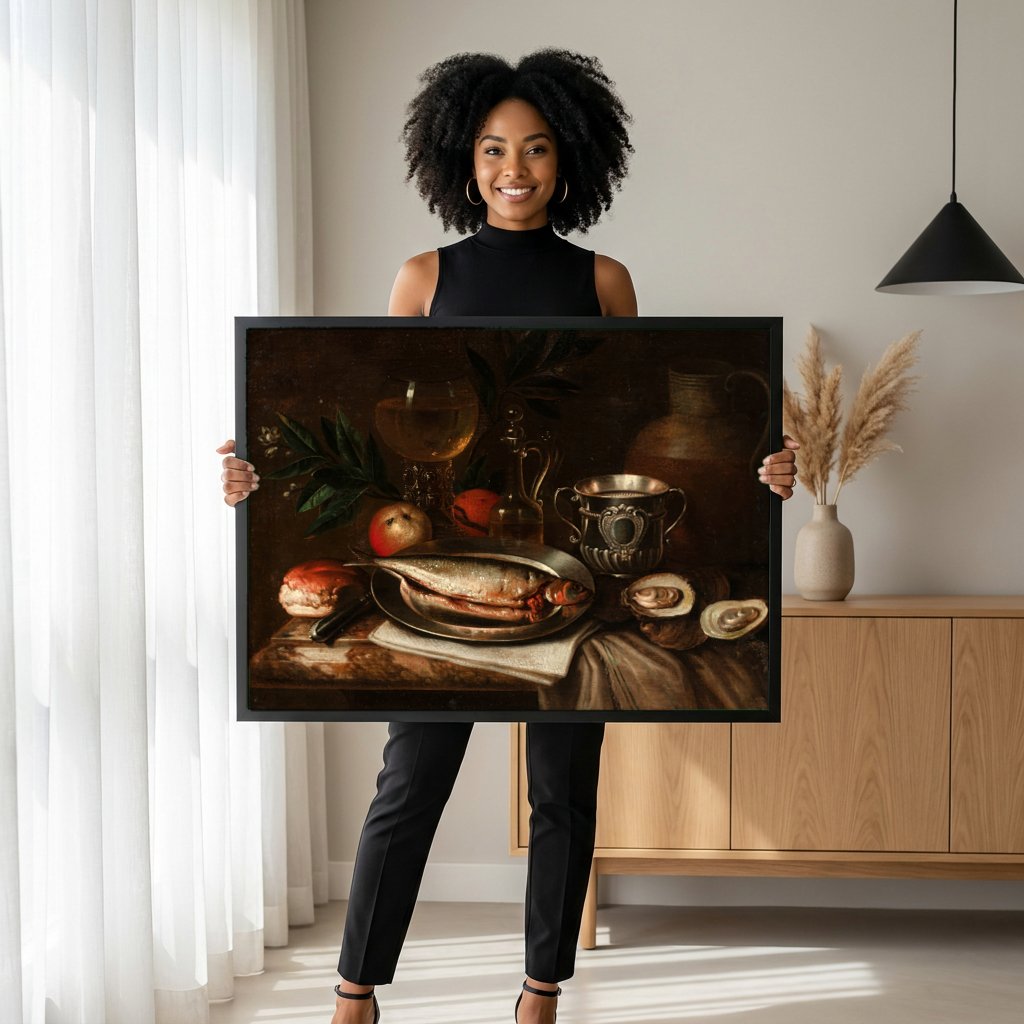 Quadro Decorativo Natureza Morta com Peixe e Ostras - Jan Abrahamsz Beerstraaten com modelo em ambiente