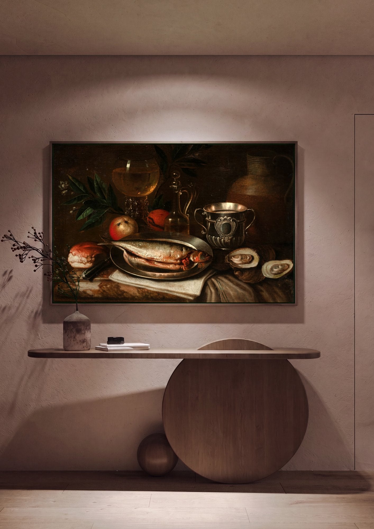 Quadro Decorativo Natureza Morta com Peixe e Ostras - Jan Abrahamsz Beerstraaten em ambiente decorado