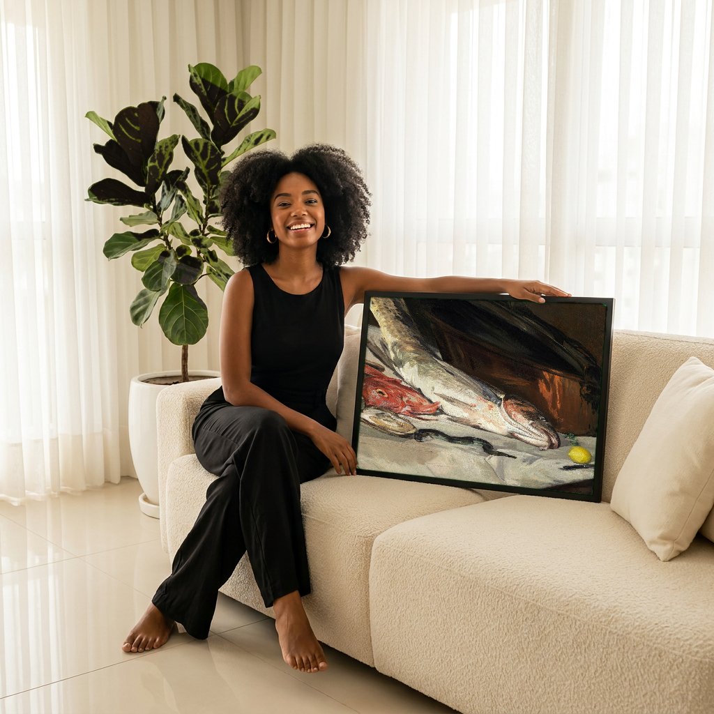 Quadro Decorativo Natureza-Morta com Peixes - Edouard Manet com modelo em ambiente