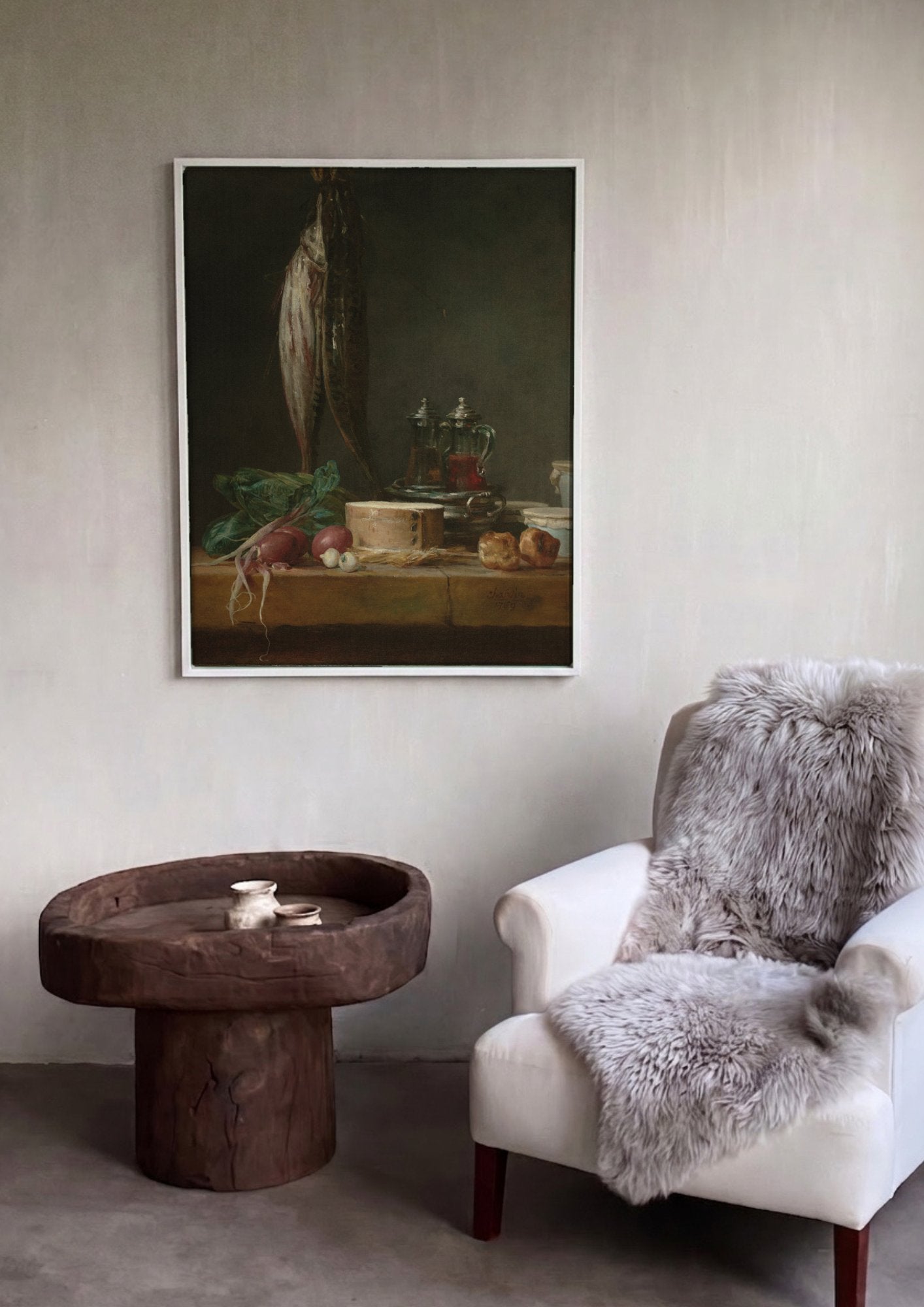 Quadro Decorativo Natureza-Morta com Peixes – Jean Siméon Chardin em ambiente decorado