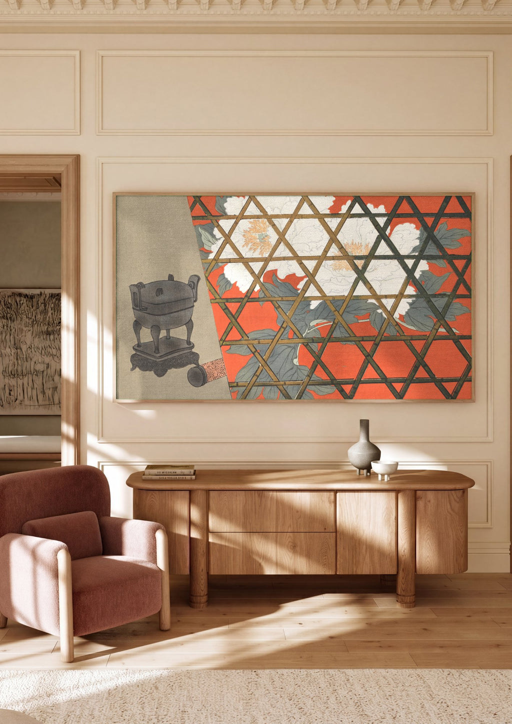Quadro Decorativo Cesto de Incenso e Peônias - Kamisaka Sekka em ambiente decorado