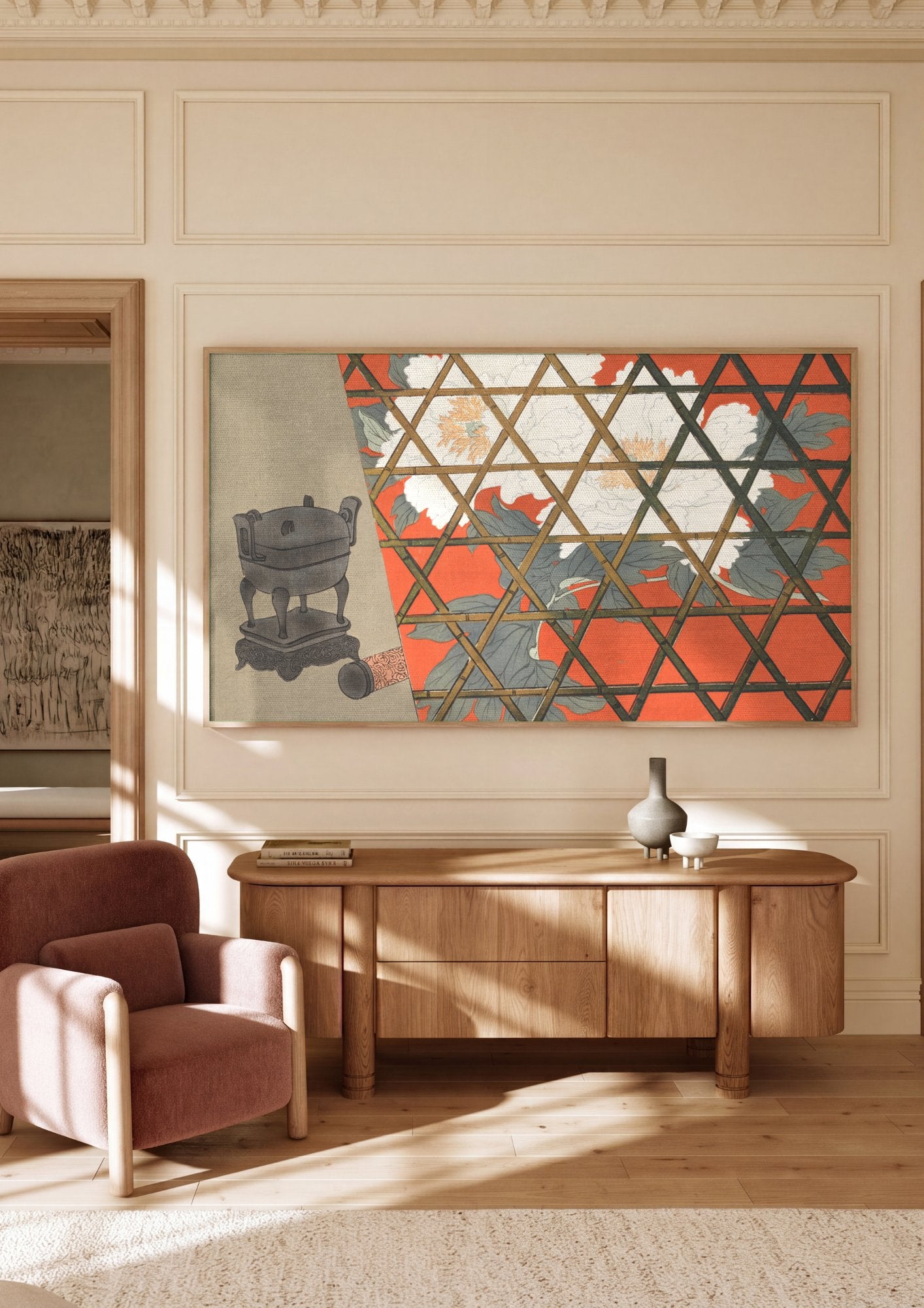 Quadro Decorativo Cesto de Incenso e Peônias - Kamisaka Sekka em ambiente decorado