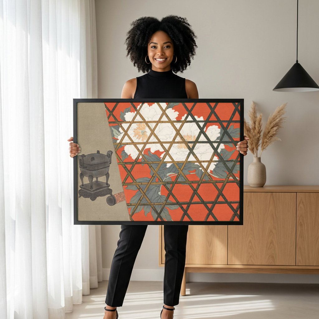 Quadro Decorativo Cesto de Incenso e Peônias - Kamisaka Sekka com modelo em ambiente