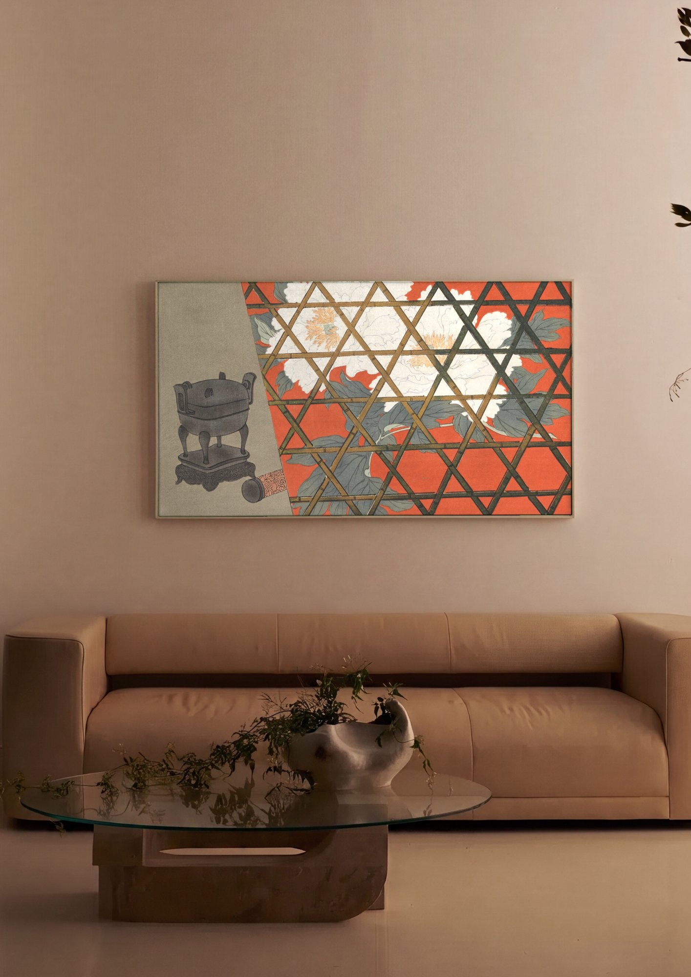 Quadro Decorativo Cesto de Incenso e Peônias - Kamisaka Sekka em ambiente decorado