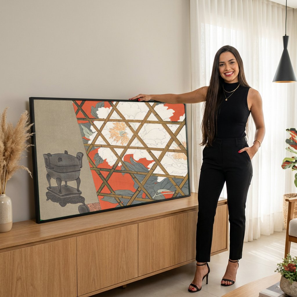 Quadro Decorativo Cesto de Incenso e Peônias - Kamisaka Sekka com modelo em ambiente