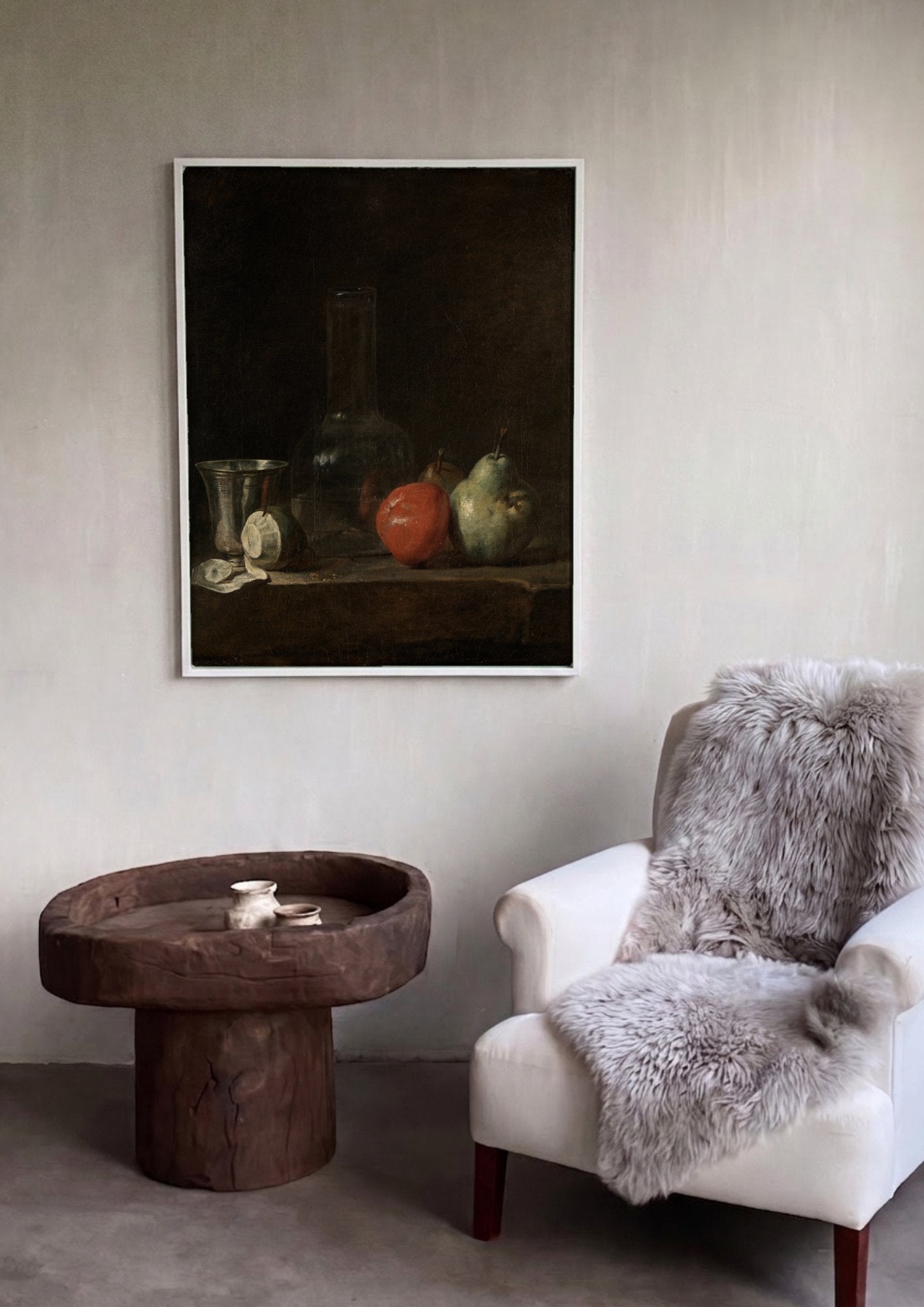 Quadro Decorativo Natureza-Morta com Pera e Copo - Chardin em ambiente decorado