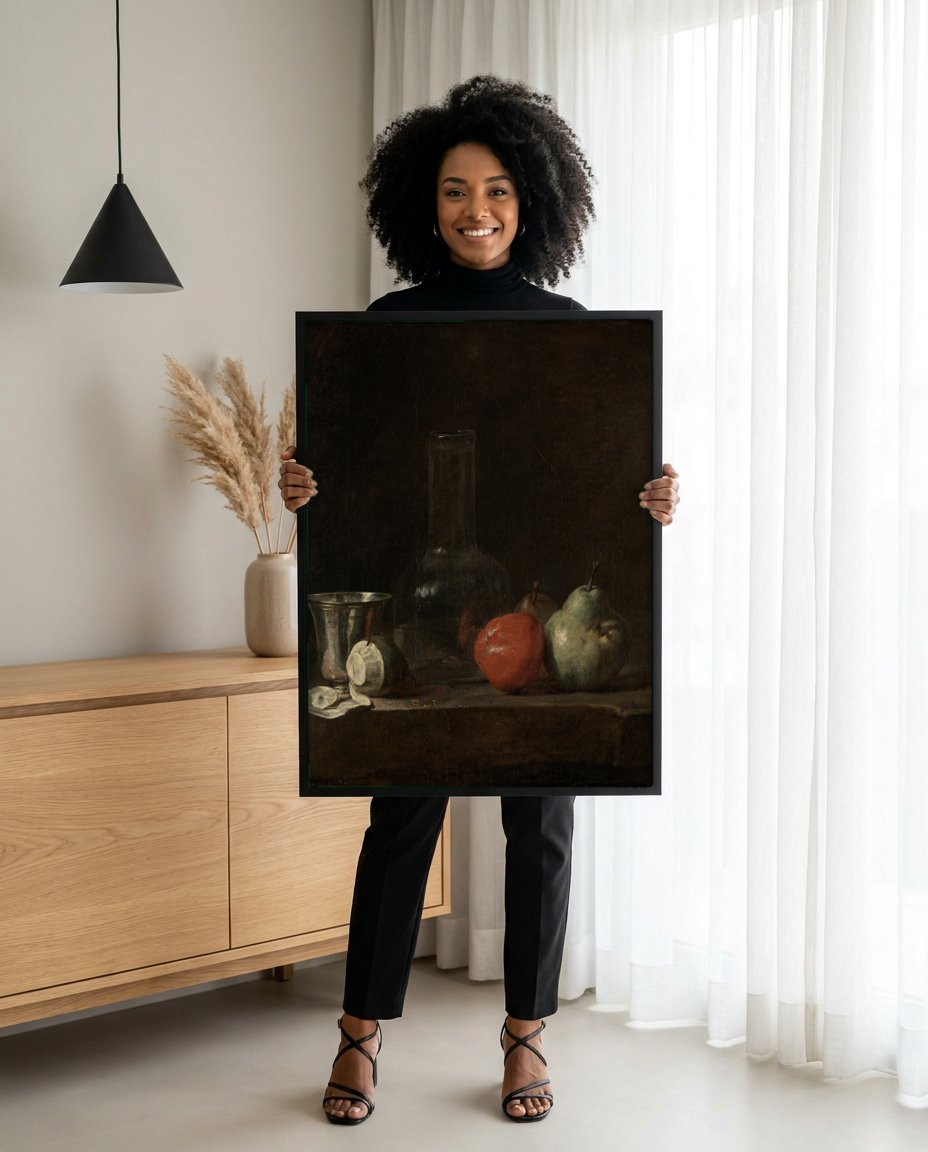 Quadro Decorativo Natureza-Morta com Pera e Copo - Chardin com modelo em ambiente
