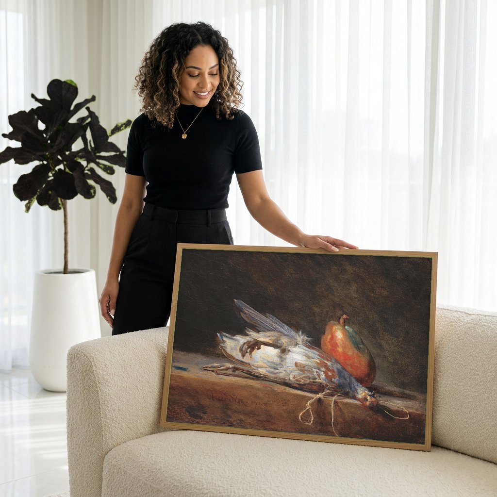 Quadro Decorativo Natureza-Morta com Perdiz e Pera - Chardin com modelo em ambiente