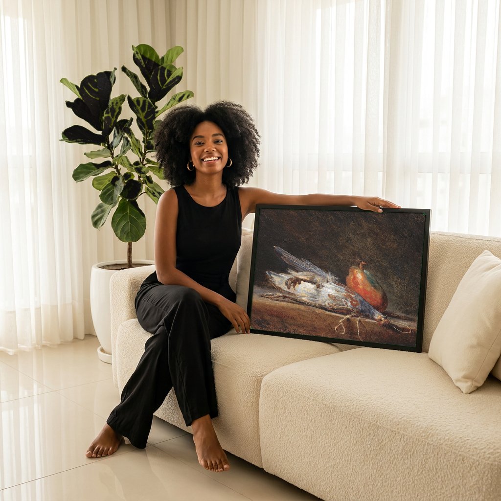 Quadro Decorativo Natureza-Morta com Perdiz e Pera - Chardin com modelo em ambiente
