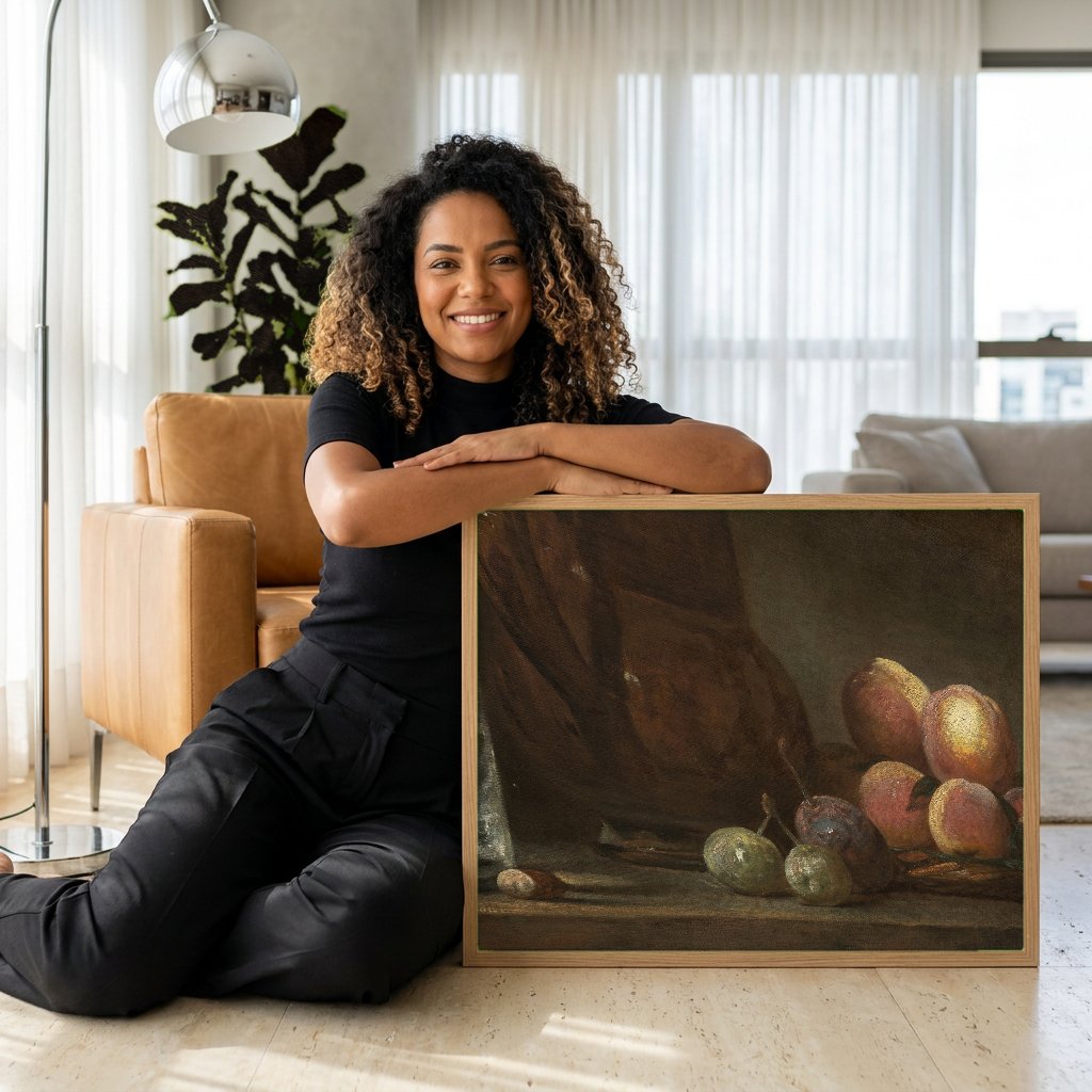 Quadro Decorativo Natureza-Morta com Pêssegos e Jarra - Chardin com modelo em ambiente