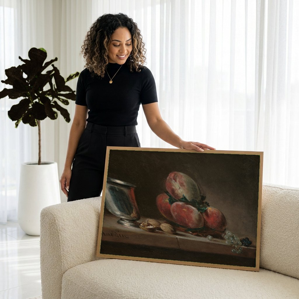 Quadro Decorativo Natureza-Morta com Pêssegos - Chardin com modelo em ambiente