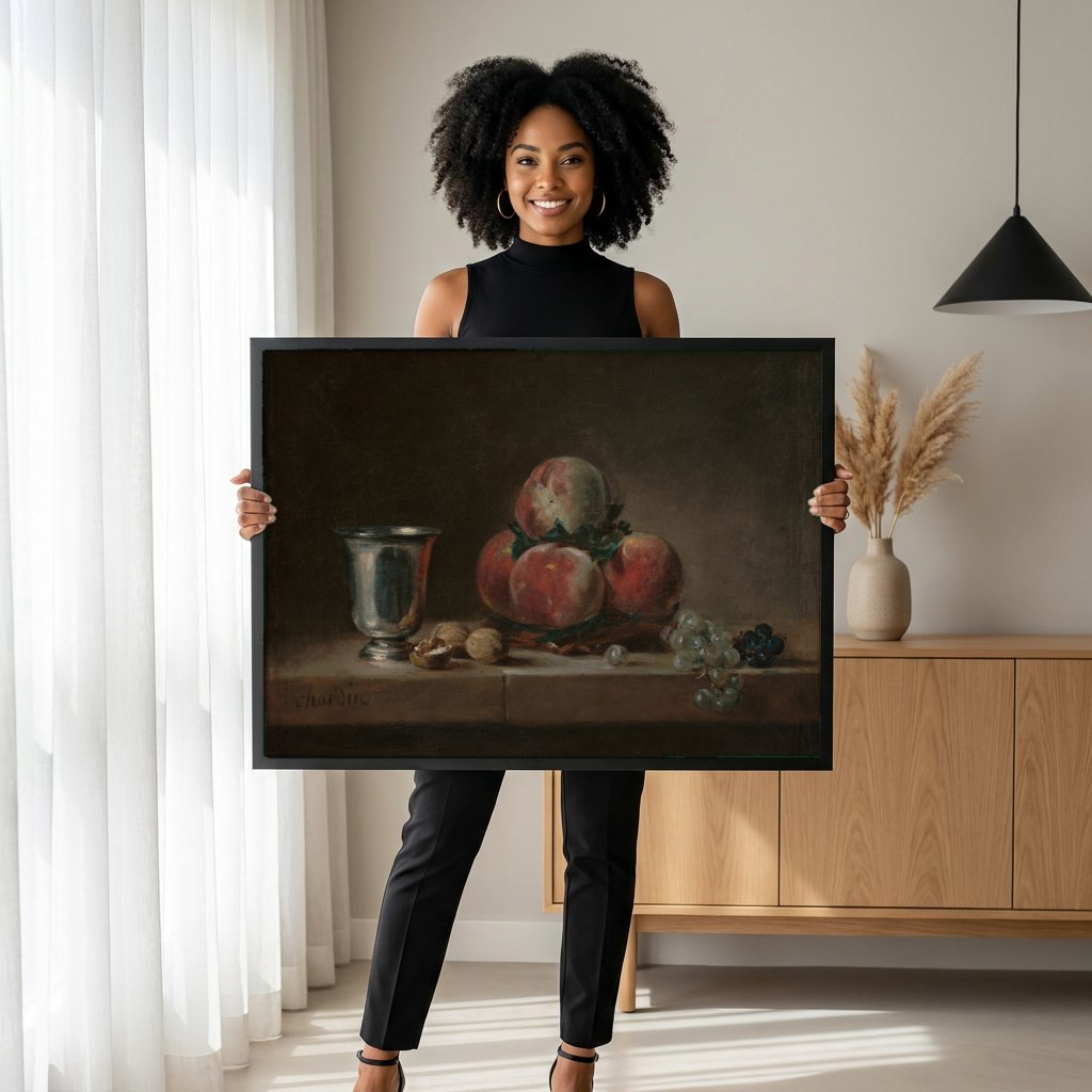 Quadro Decorativo Natureza-Morta com Pêssegos - Chardin com modelo em ambiente