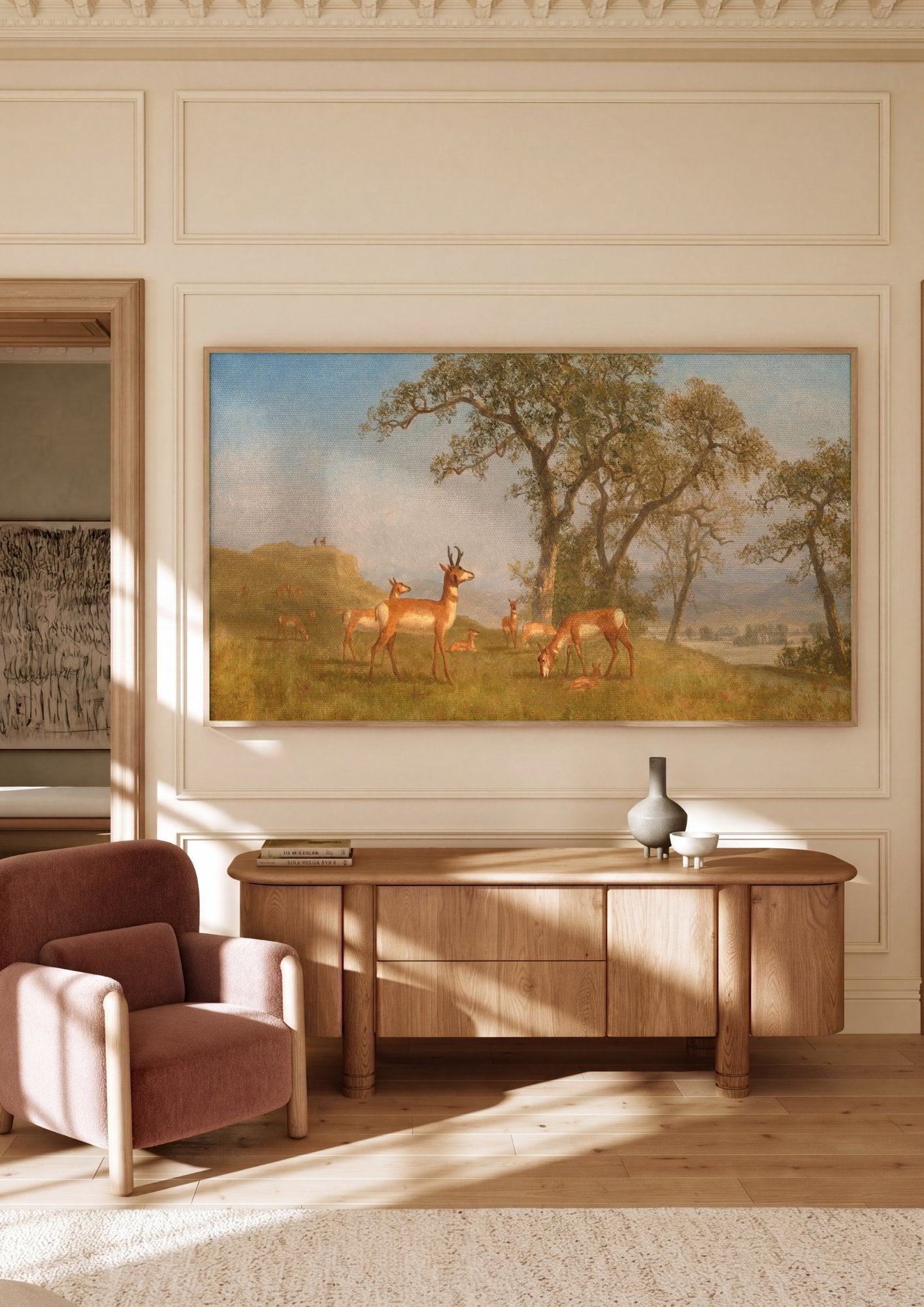 Quadro Decorativo: Paisagem com Antílopes - Albert Bierstadt em ambiente decorado