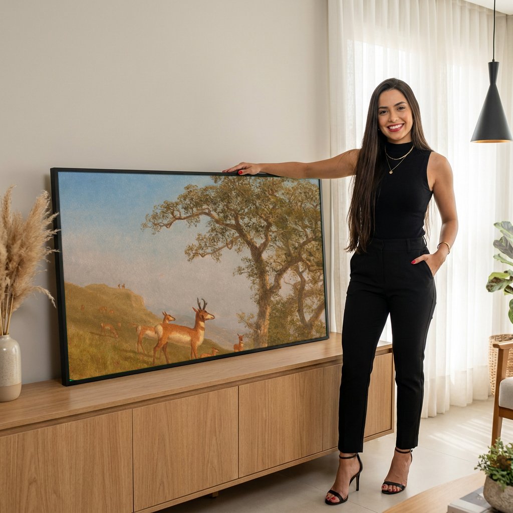 Quadro Decorativo: Paisagem com Antílopes - Albert Bierstadt com modelo em ambiente