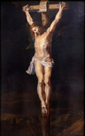 Quadro decorativo mostrando a crucificação de Cristo, com seu corpo pálido e musculoso na cruz, sobre um fundo escuro e dramático. A obra é de Peter Paul Rubens.