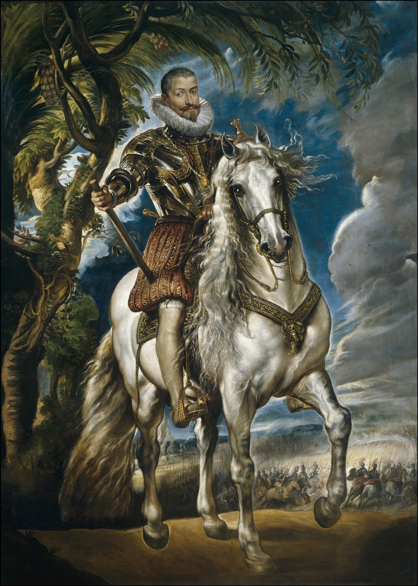 Retrato equestre de Peter Paul Rubens, Duque de Lerma a Cavalo. O duque está montado em um cavalo branco, vestindo armadura dourada e gola branca, em um cenário de batalha e natureza exuberante.