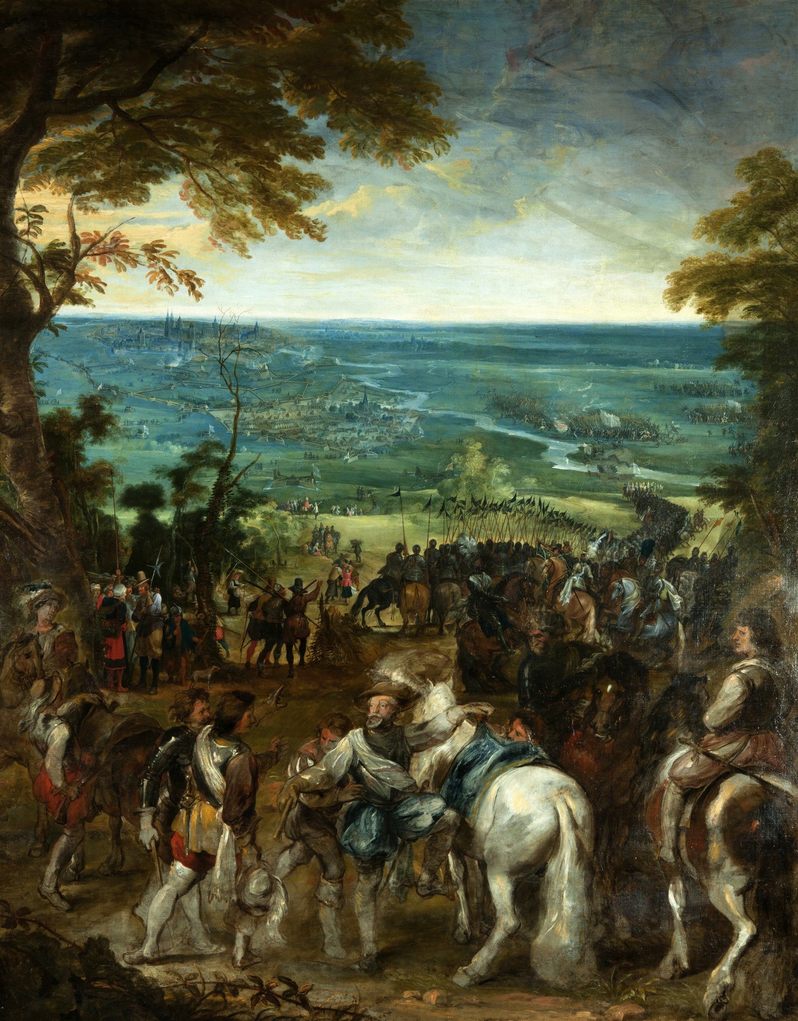 Pintura barroca de Peter Paul Rubens, 'A Batalha de Nördlingen', mostrando uma vasta paisagem com exércitos em combate e figuras equestres em primeiro plano, sob um céu dramático.