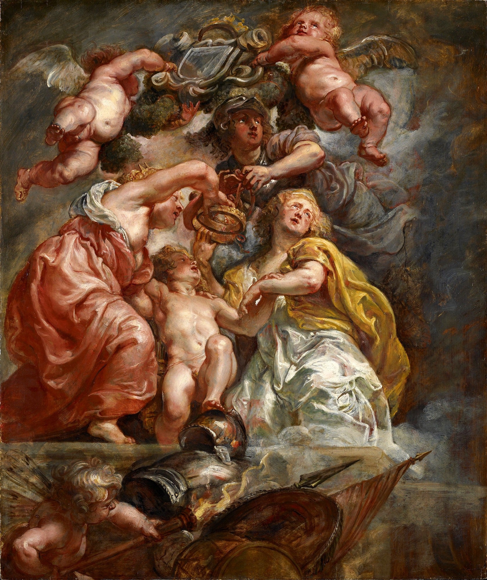 Pintura barroca de Peter Paul Rubens, 'A Paz Coroando a Guerra', mostrando figuras alegóricas e anjos entrelaçados em uma cena dramática com armaduras ao fundo, em tons terrosos e dourados.