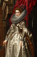 Retrato de Clara Serena Rubens, filha do artista, vestindo um suntuoso vestido perolado e uma gola rufada branca e rendada, com um fundo de cortina vermelha e colunas escuras. Ela segura um leque preto.