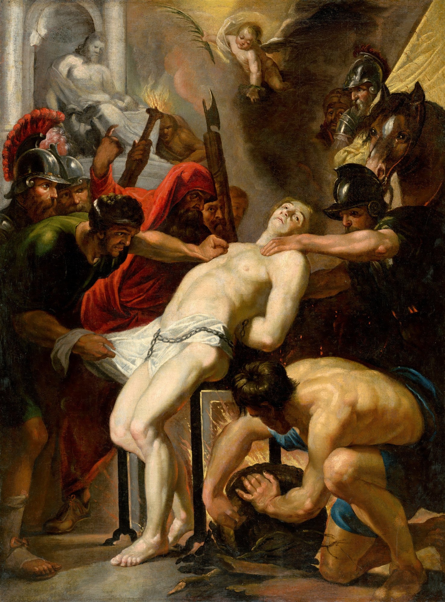 Pintura barroca de Peter Paul Rubens, 'O Martírio de São Lourenço', mostrando São Lourenço sendo torturado em uma grelha, rodeado por carrascos e soldados, com figuras angelicais no céu.