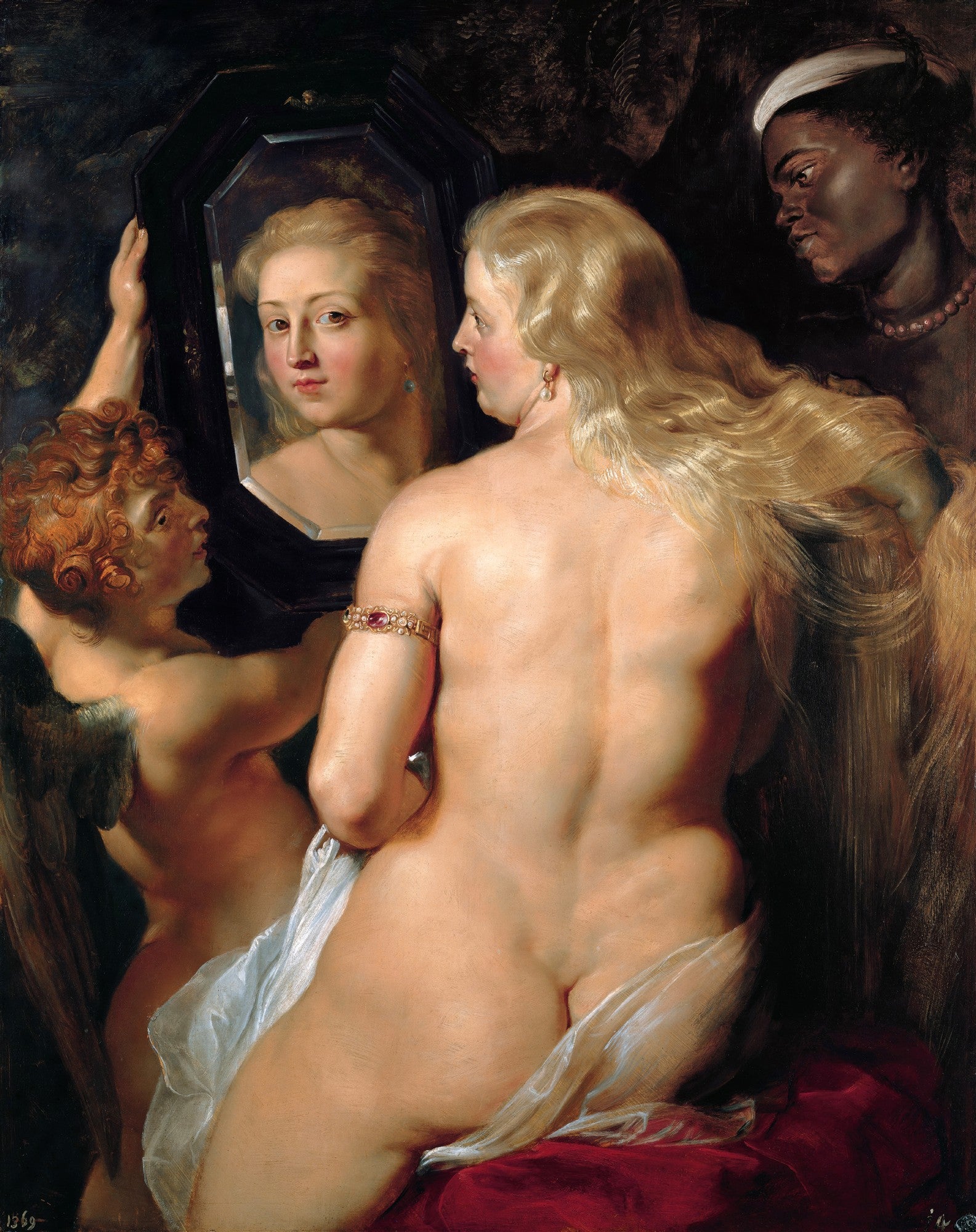 Uma pintura barroca de Peter Paul Rubens, "A Vênus ao Espelho", mostrando a deusa Vênus de costas, com cabelos loiros longos, olhando para seu reflexo em um espelho segurado por um cupido. Ao fundo, um servo observa.