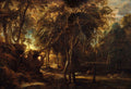 Quadro decorativo mostrando uma cena de caça em uma floresta escura e densa, com cervos em movimento e caçadores, atribuído a Peter Paul Rubens.