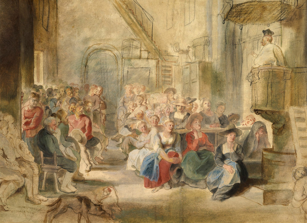 Gravura colorida de Peter Paul Rubens, 'A Pregação', retratando uma multidão reunida em uma igreja ou auditório, olhando para um pregador em um púlpito. A cena é preenchida com figuras sentadas e em pé, algumas com chapéus, e um cachorro no primeiro plano. A iluminação é suave e os tons são terrosos e pastéis, com toques de vermelho, azul e verde, transmitindo uma atmosfera de devoção e atenção.