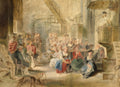 Gravura colorida de Peter Paul Rubens, 'A Pregação', retratando uma multidão reunida em uma igreja ou auditório, olhando para um pregador em um púlpito. A cena é preenchida com figuras sentadas e em pé, algumas com chapéus, e um cachorro no primeiro plano. A iluminação é suave e os tons são terrosos e pastéis, com toques de vermelho, azul e verde, transmitindo uma atmosfera de devoção e atenção.