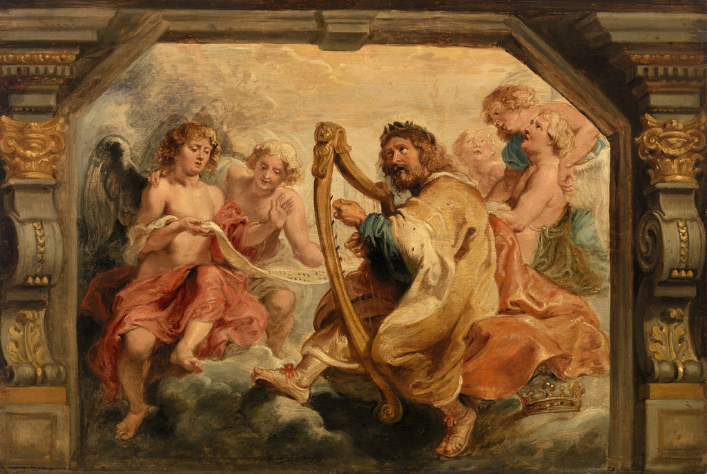 Quadro decorativo 'O Rei Davi Tocando a Harpa' de Peter Paul Rubens, em estilo barroco. Um homem barbudo com coroa de louros, tocando harpa, cercado por anjos e figuras celestiais em nuvens. Predominam tons terrosos, dourados e rosas. A moldura da pintura é esculpida.