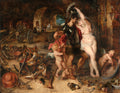 Quadro decorativo 'A Alegoria da Paz e da Guerra' de Peter Paul Rubens, representando figuras mitológicas em um cenário de conflito e harmonia, com Marte sendo afastado por Vênus e Cupidos entre armas e símbolos de paz.