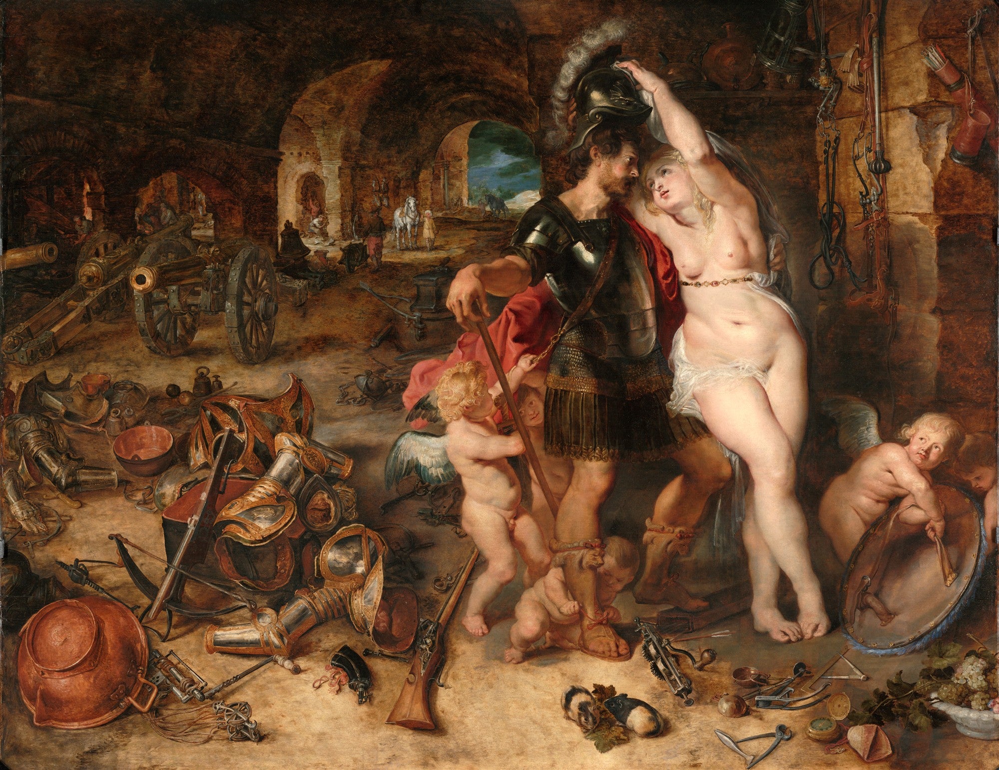 Quadro decorativo 'A Alegoria da Paz e da Guerra' de Peter Paul Rubens, representando figuras mitológicas em um cenário de conflito e harmonia, com Marte sendo afastado por Vênus e Cupidos entre armas e símbolos de paz.