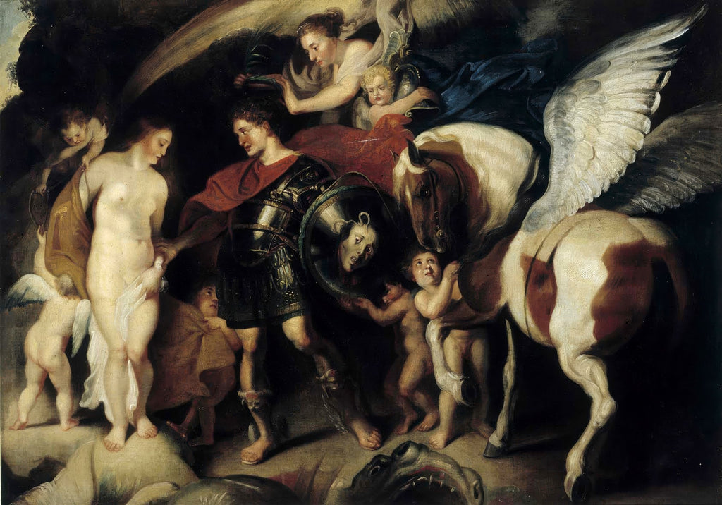 Impressão fine art da pintura 'Perseu e Andrômeda' de Peter Paul Rubens, mostrando o herói em armadura ao lado de Andrômeda nua, com o cavalo alado Pégaso e cupidos ao redor, em uma cena dramática e mitológica.