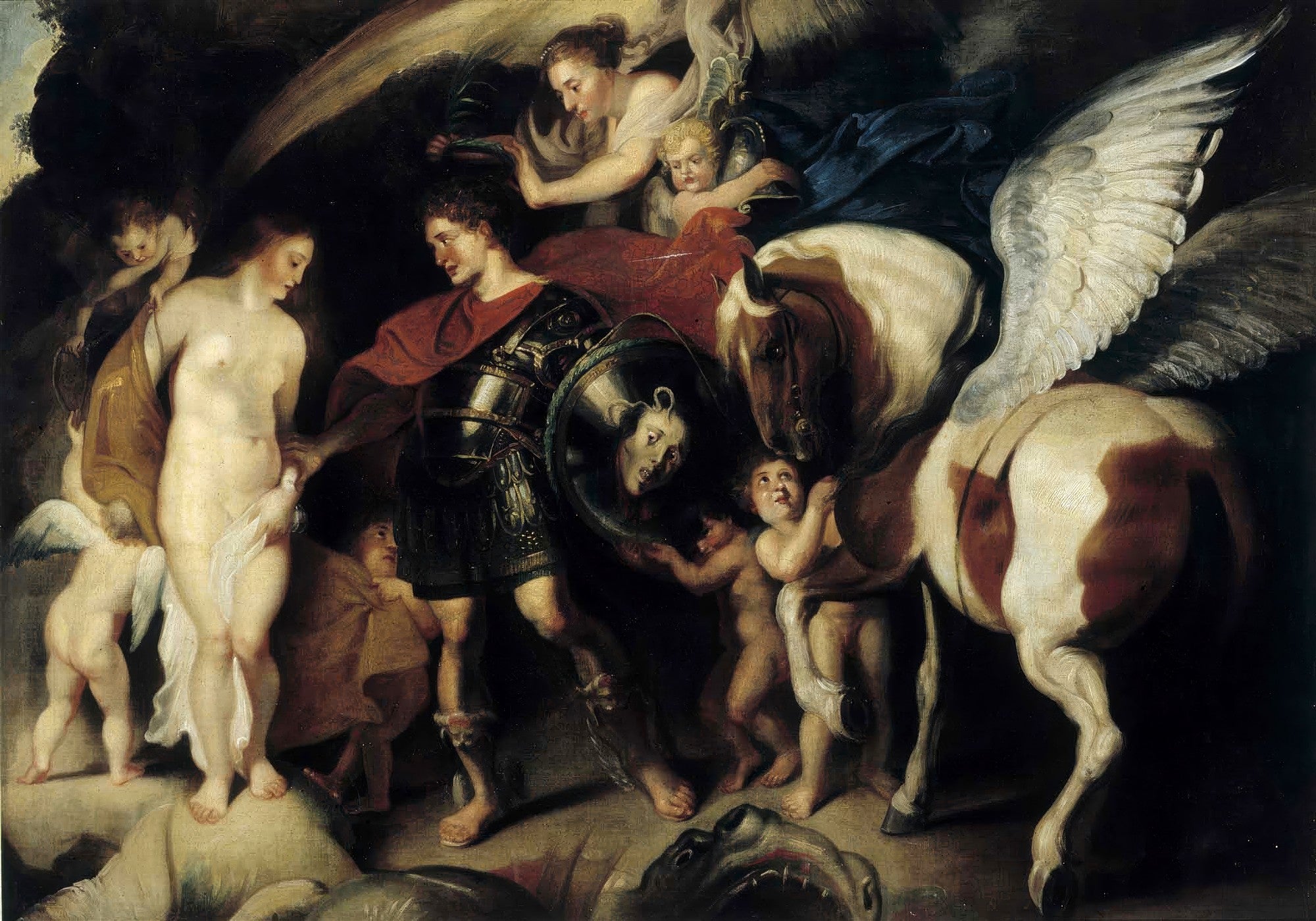 Impressão fine art da pintura 'Perseu e Andrômeda' de Peter Paul Rubens, mostrando o herói em armadura ao lado de Andrômeda nua, com o cavalo alado Pégaso e cupidos ao redor, em uma cena dramática e mitológica.
