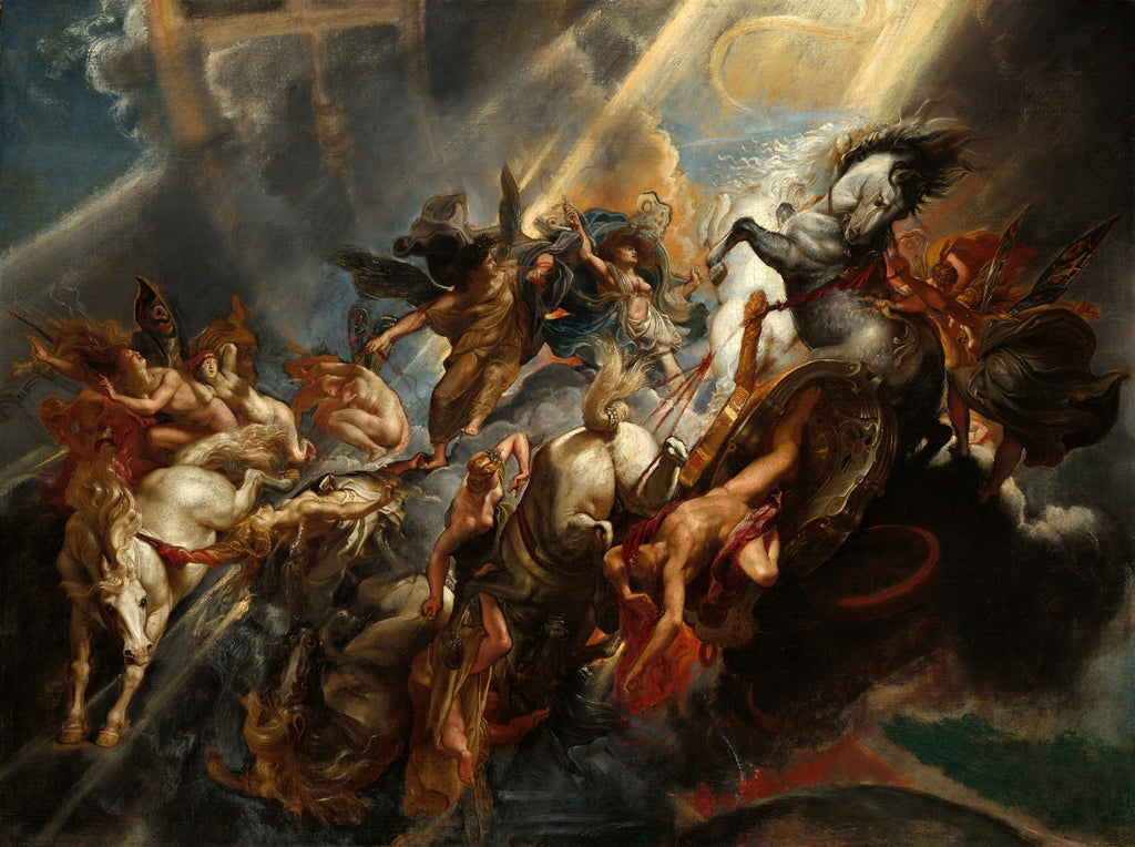 Quadro decorativo 'A Queda de Faetonte' de Peter Paul Rubens, representando figuras mitológicas em um turbilhão caótico de nuvens e luz, com cavalos e corpos caindo do céu, em cores quentes e escuras.