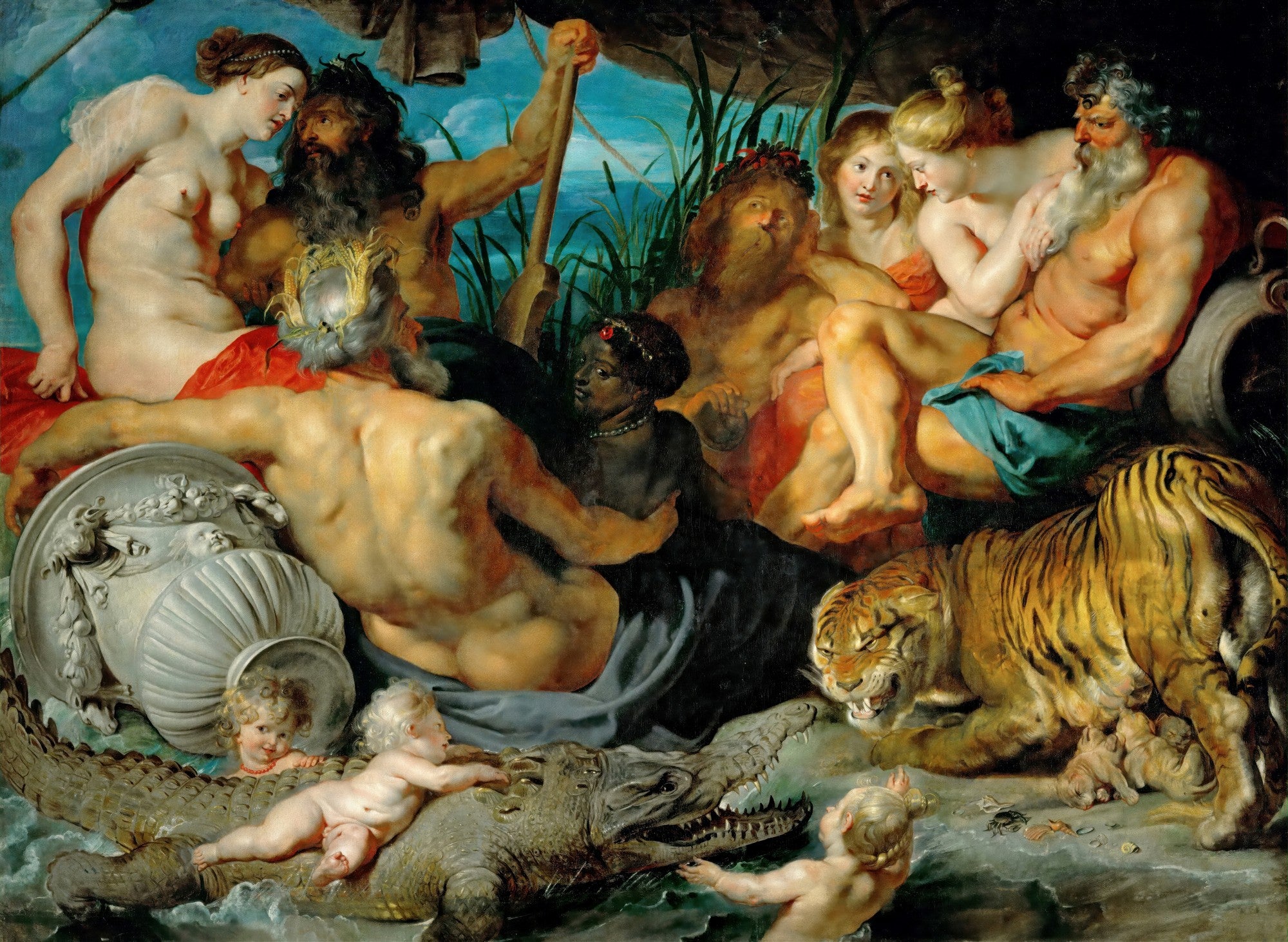 Pintura barroca de Peter Paul Rubens, 'A União da Terra e da Água', mostrando figuras mitológicas nuas, incluindo deuses de rios e ninfas, com animais selvagens como um tigre e um crocodilo, simbolizando a fertilidade e a abundância.