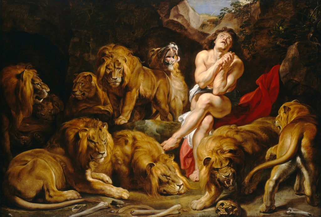 Quadro 'Daniel na Cova dos Leões' de Peter Paul Rubens, representando Daniel orando em uma caverna escura cercado por leões imponentes, com luz vinda de cima.