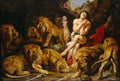 Quadro 'Daniel na Cova dos Leões' de Peter Paul Rubens, representando Daniel orando em uma caverna escura cercado por leões imponentes, com luz vinda de cima.