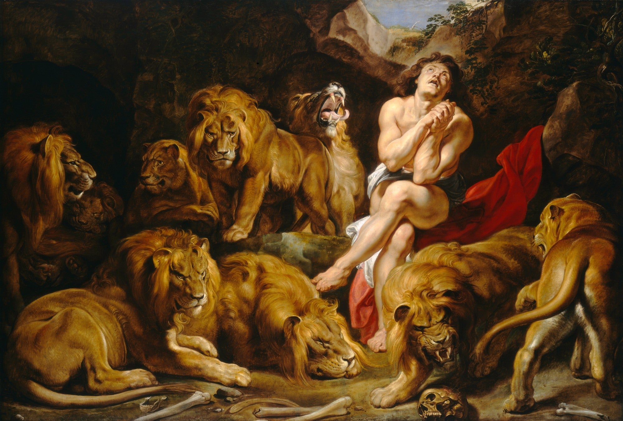 Quadro 'Daniel na Cova dos Leões' de Peter Paul Rubens, representando Daniel orando em uma caverna escura cercado por leões imponentes, com luz vinda de cima.