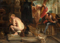 Quadro 'Susana e os Anciãos' de Peter Paul Rubens, mostrando uma mulher nua sentada, de costas para três homens observando-a. Um cachorro pequeno está no primeiro plano.