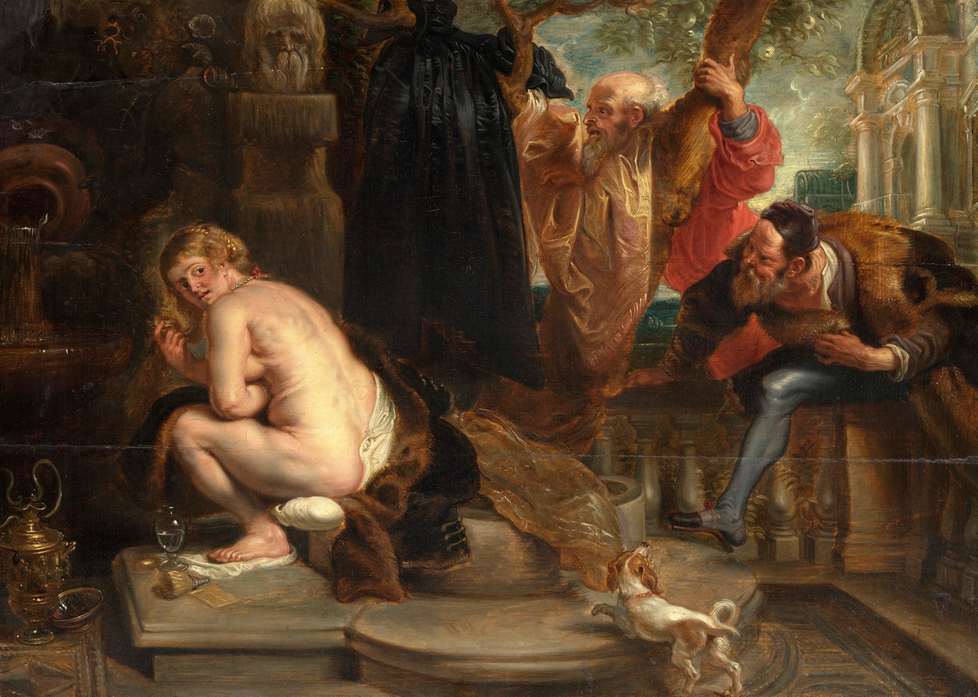 Quadro 'Susana e os Anciãos' de Peter Paul Rubens, mostrando uma mulher nua sentada, de costas para três homens observando-a. Um cachorro pequeno está no primeiro plano.