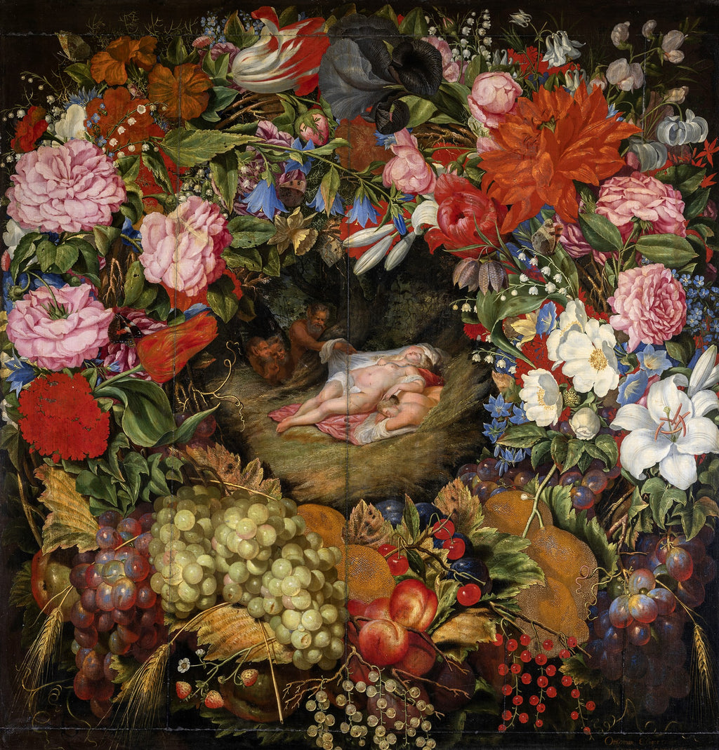 Quadro decorativo 'A Grinalda de Frutas' de Peter Paul Rubens, com figuras mitológicas cercadas por uma rica moldura de flores e frutas coloridas.
