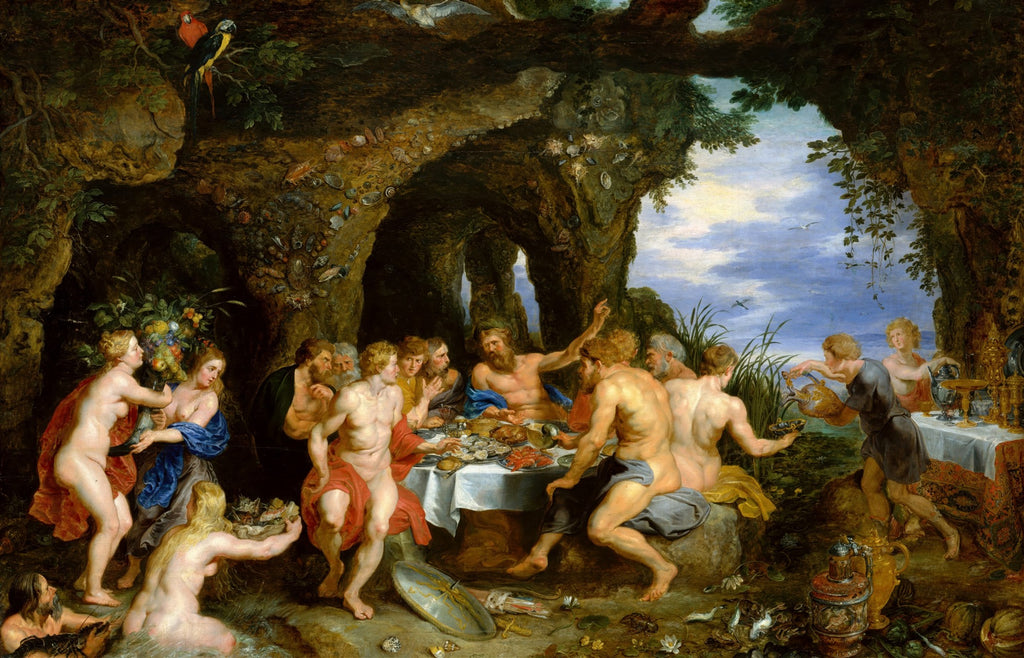 Quadro decorativo "A Festa de Aquário" de Peter Paul Rubens, mostrando figuras mitológicas nuas e semi-nuas celebrando em um banquete ao ar livre, com rica vegetação e uma gruta ao fundo. Cores vibrantes e dramáticas do período barroco.