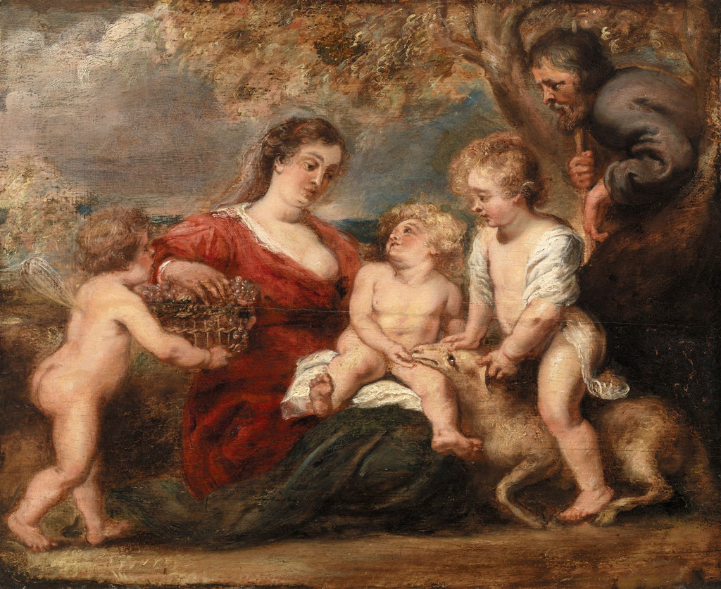 Quadro decorativo com pintura de Peter Paul Rubens, A Sagrada Família com São João e anjos, apresentando a Virgem Maria de vestido vermelho, Jesus e São João Batista crianças com um cordeiro, um anjo com cesto de uvas e São José ao fundo, em estilo barroco.