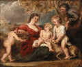 Quadro decorativo com pintura de Peter Paul Rubens, A Sagrada Família com São João e anjos, apresentando a Virgem Maria de vestido vermelho, Jesus e São João Batista crianças com um cordeiro, um anjo com cesto de uvas e São José ao fundo, em estilo barroco.