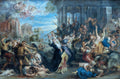 Quadro 'O Massacre dos Inocentes' de Peter Paul Rubens, representando uma cena bíblica caótica com soldados e mulheres e crianças em meio à violência, com anjos no céu.