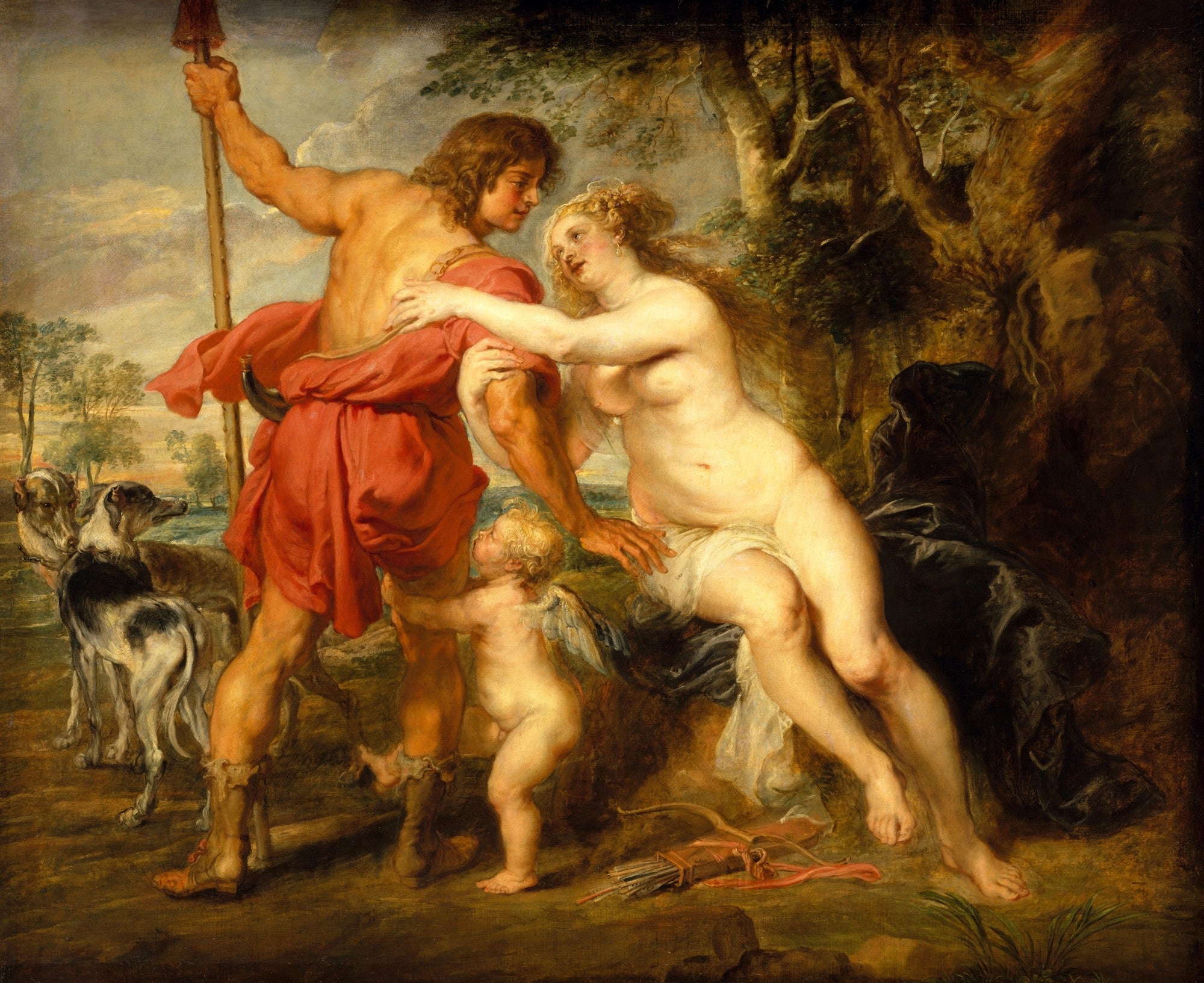 Quadro decorativo 'Vênus e Adônis' de Peter Paul Rubens, representando a deusa Vênus nua e musculosa segurando o caçador Adônis, que porta uma lança, enquanto um cupido e cães de caça estão próximos. A cena se passa em uma paisagem florestal.